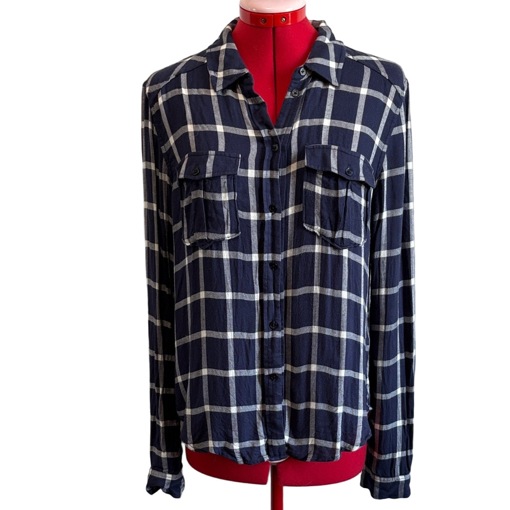 PAIGE Navy White Plaid Button Down Shirt SM347